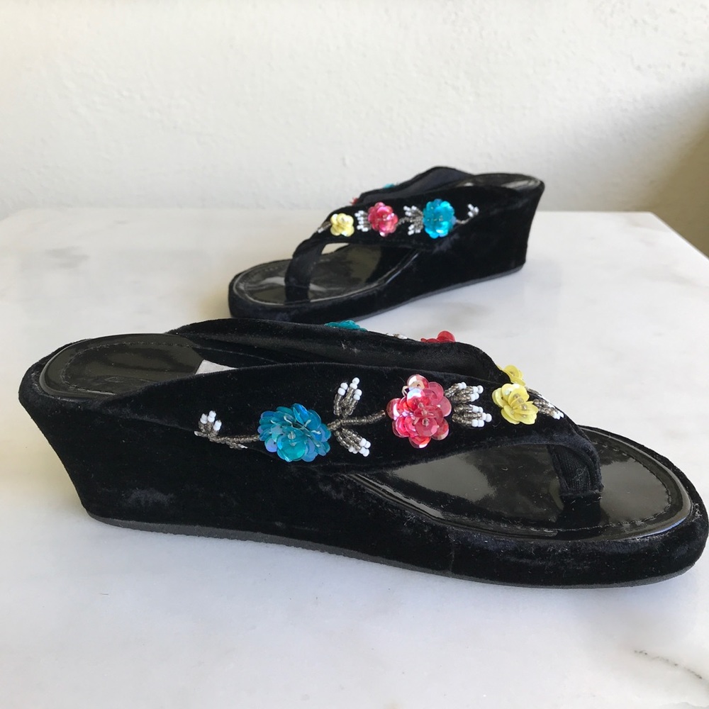 Fred Segal Vintage Black Velvet Wedge Sandals
